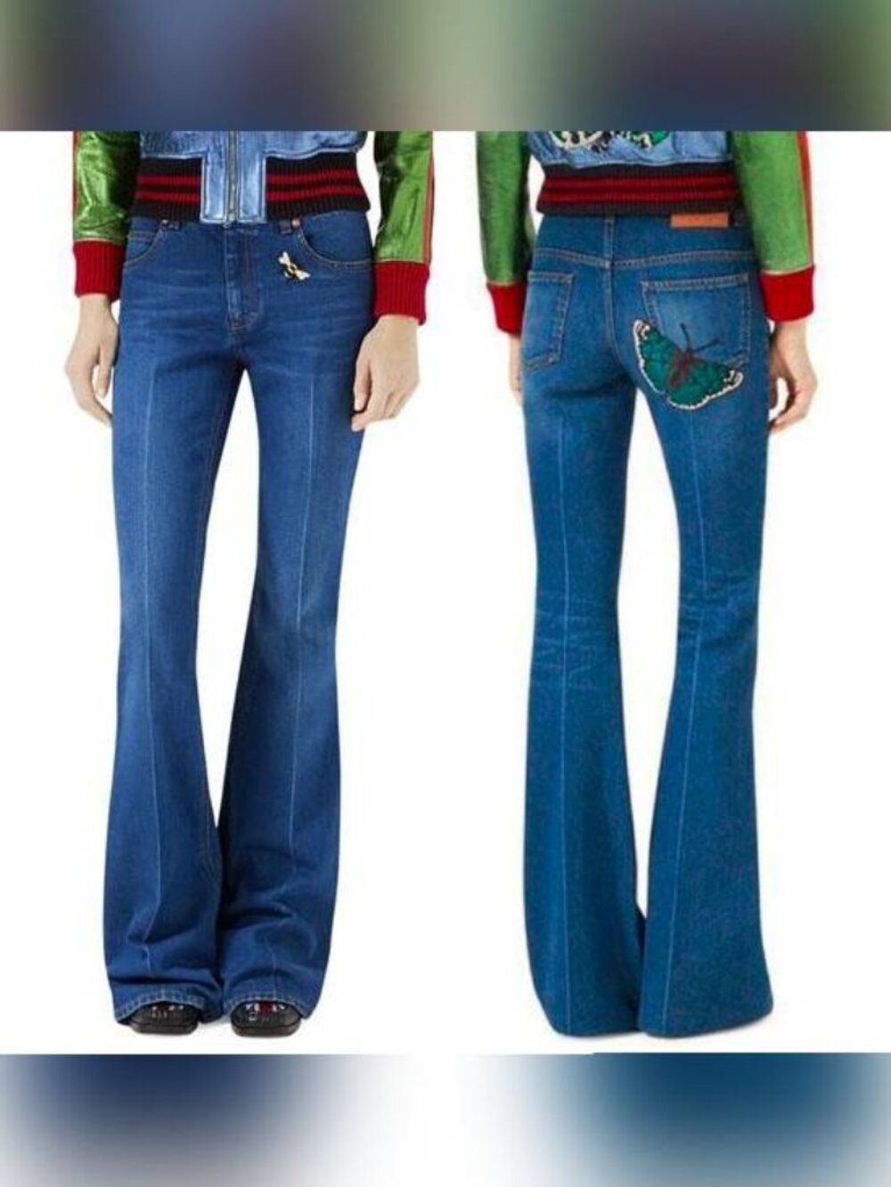 Gucci Blue Embroidered Flared Denim Jeans
